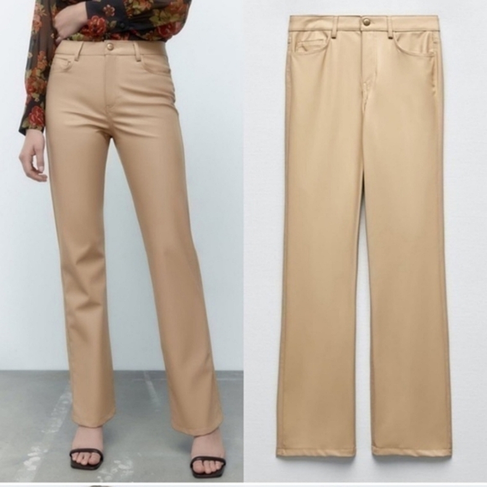 ZARA * STRAIGHT LEG FAUX LEATHER PANTS Tan Size 4
